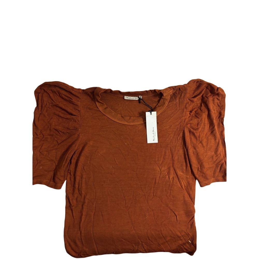 Michael Stars Andrea Pleated Sleeve Crop Top Toffee Rust Ribbed OS NWT 91001